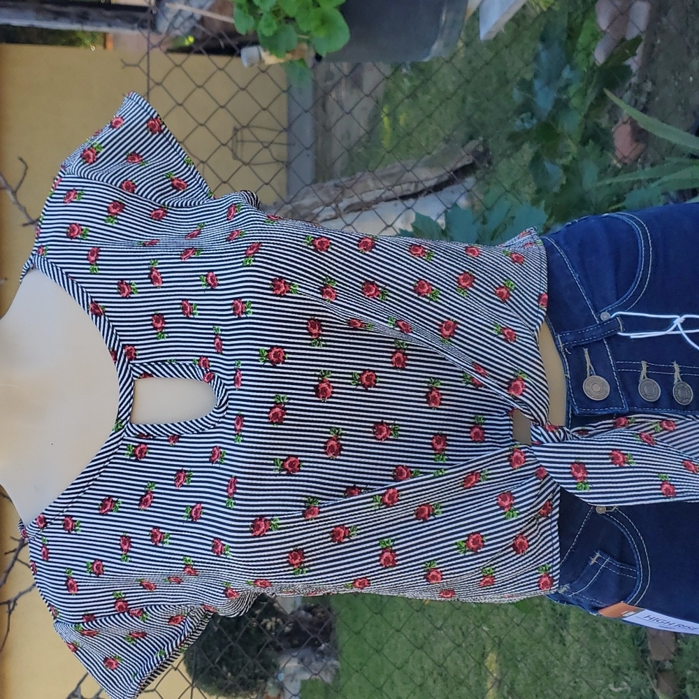 Pink and black shirt with small roses